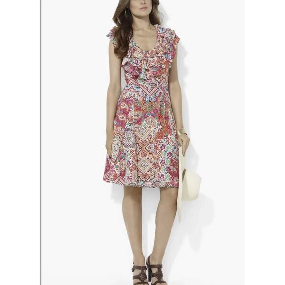 EUC Lauren Ralph Lauren Ruffle Front Floral Dress Sz M Magenta Orange Teal Pink - Picture 1 of 11